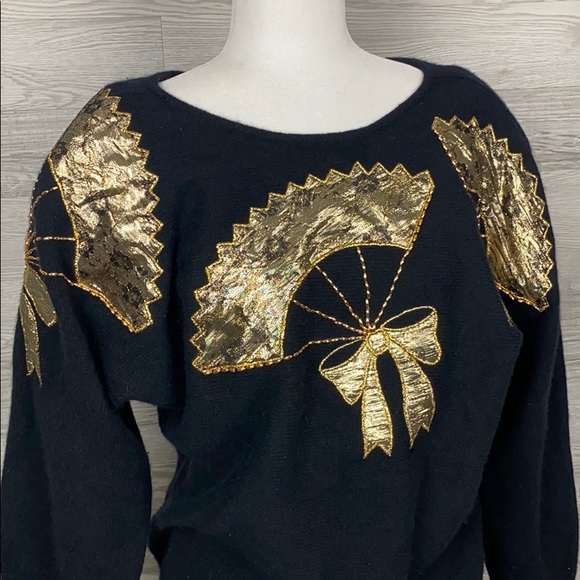 Leau Vive Angora Wool Vintage Gold Black Sweater - Picture 2 of 7